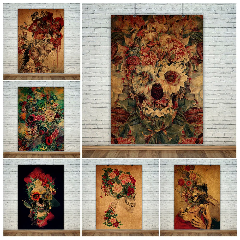 

Skull Art Posters And prints Flowers And Bones Wall Art Canvas Painting For Living Bar Room Decoration Wall Picture Unframed