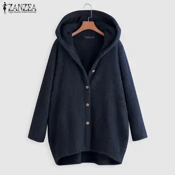 

ZANZEA 2020 Women Thick Coats Solid Color Button Long Sleeve Hoody Jackets Loose Outerwear Cardigan Jumper Plus Size Sweatshirt