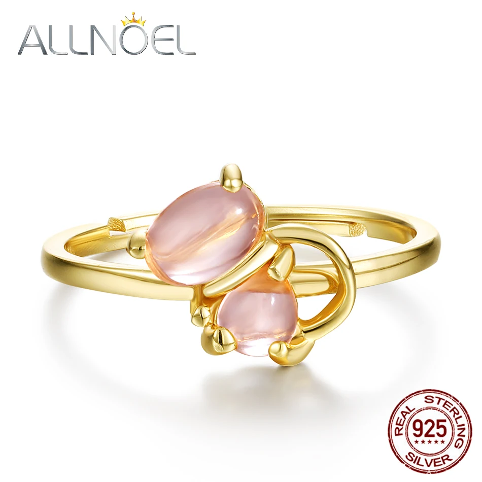 ALLNOEL, 925 пробы, серебряное, персонализированное кольцо с драгоценным камнем для женщин, розовое, кварцевое, золотое, хорошее кольцо на палец, ювелирное изделие, животное, кошка, регулируемое