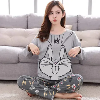 

2019 New Autumn Winter 2pieces Pyjamas Set Women Girls Cotton Round Neck Pajamas Sets Teacup Cat Sleepwear Clothes Free Shipping