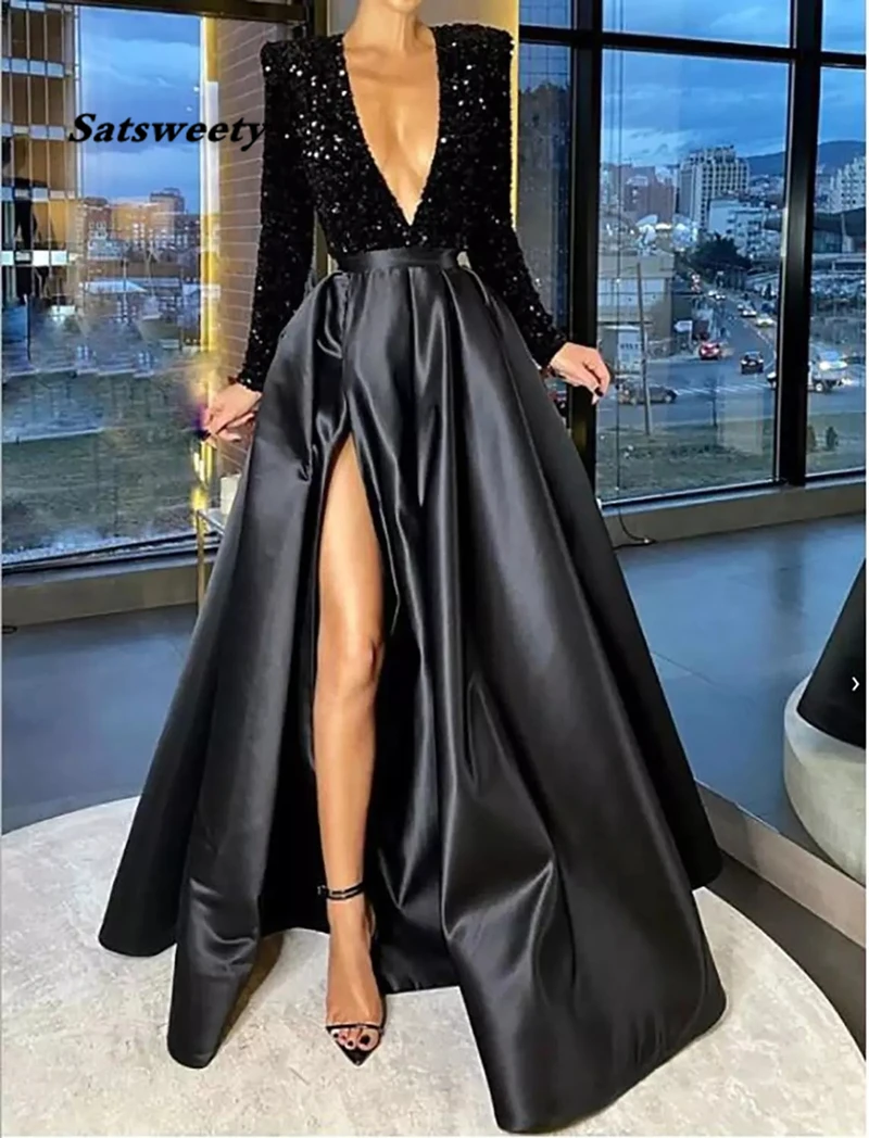 A-Line Sparkle Party Wear Formal Evening Dress V Neck Long Sleeve Floor Length Satin with Crystals Split