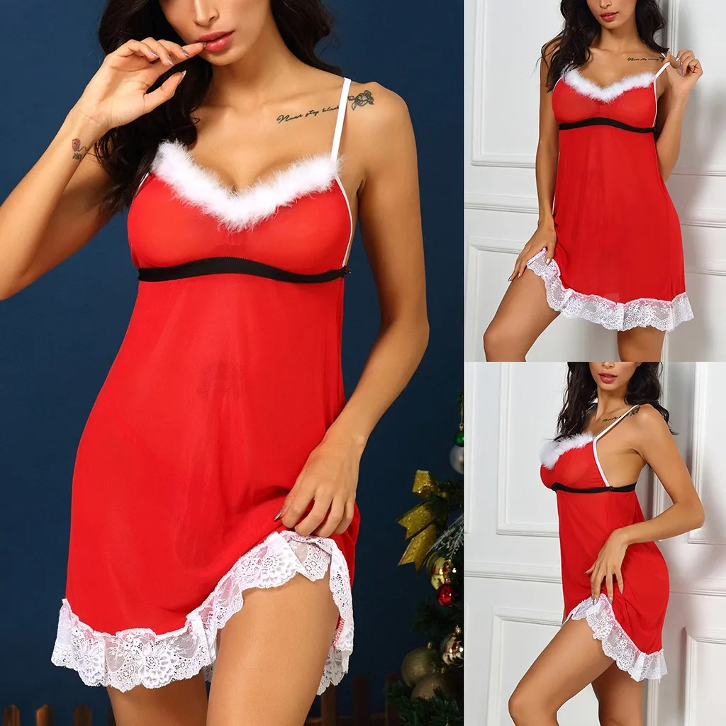 Рождественское женское кружевное сексуальное ночное белье nuisette, красное нижнее белье с v-образным вырезом, стринги, ночная рубашка, пижама, нижнее белье, ночное белье, сексуальное ночное платье