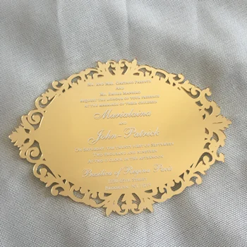 Ceny 10 Sztuk Laserowo Wycinane 3d Zaproszenie ślubne Elegancki Akryl Złote Lustrzane Zaproszenia Z Pudełkiem