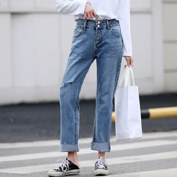 

Women Spring Jeans Lady Straight Pants Female Blue Denim Trousers Stretch Holes Loose Fashion Plus Size Pantalones D6 8832