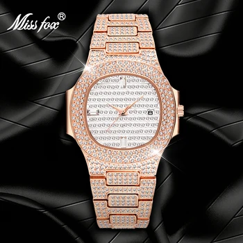 

MISSFOX Male Watch Luxury Top Brand Hip Hop Iced Out Diamond Square Men's Quartz Wristwatches Calendar Steel Clock reloj hombre