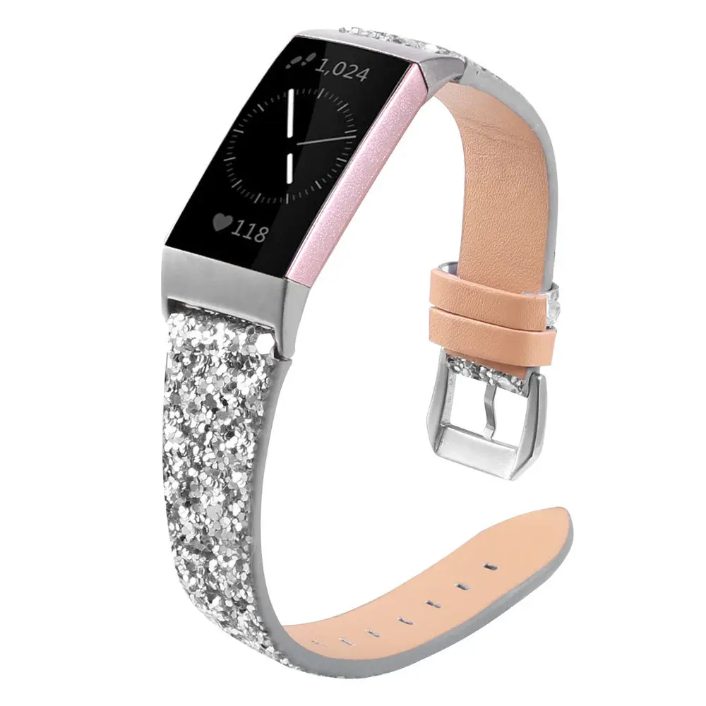 Блестящий ремешок для часов из натуральной кожи для Fitbit Charge 3, умный Браслет, сменный ремешок, шикарный ремешок для часов Charge3, Рождественский ремешок на запястье