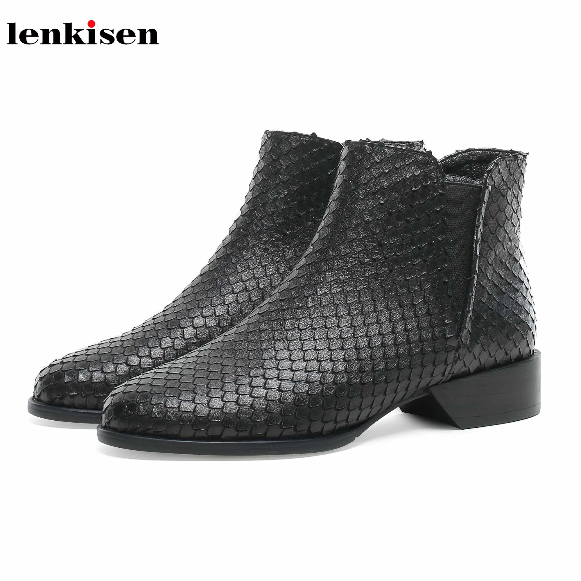 

Lenkisen design chic genuine leather med heels round toe comfortable casual black color winter women big size ankle boots L6f2