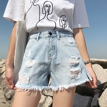 

2020 Women's Shorts Summer Wear High-waisted Denim Shorts Casual Loose Short Pants Burrs Ripped jeans