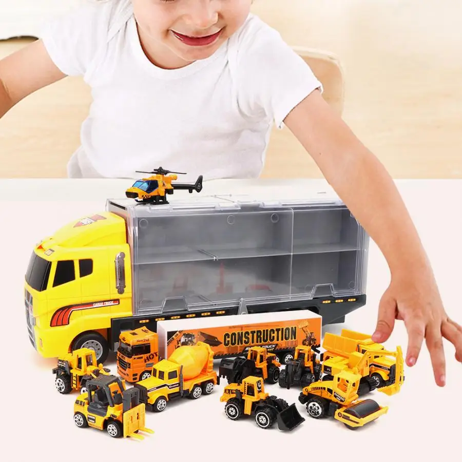 

Hot 12 in 1 Mini Diecast Plastic Transport Vehicle Storage Container Toys for Kids Simulation Engineering Car Carrier Truck Toy