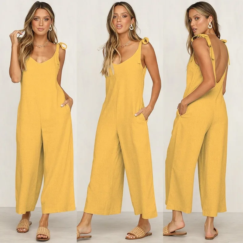 

2020 European and American Spring and Summer New Street Commuter Style Women's Solid Color Strap Loose Jumpsuit Suspender Pants