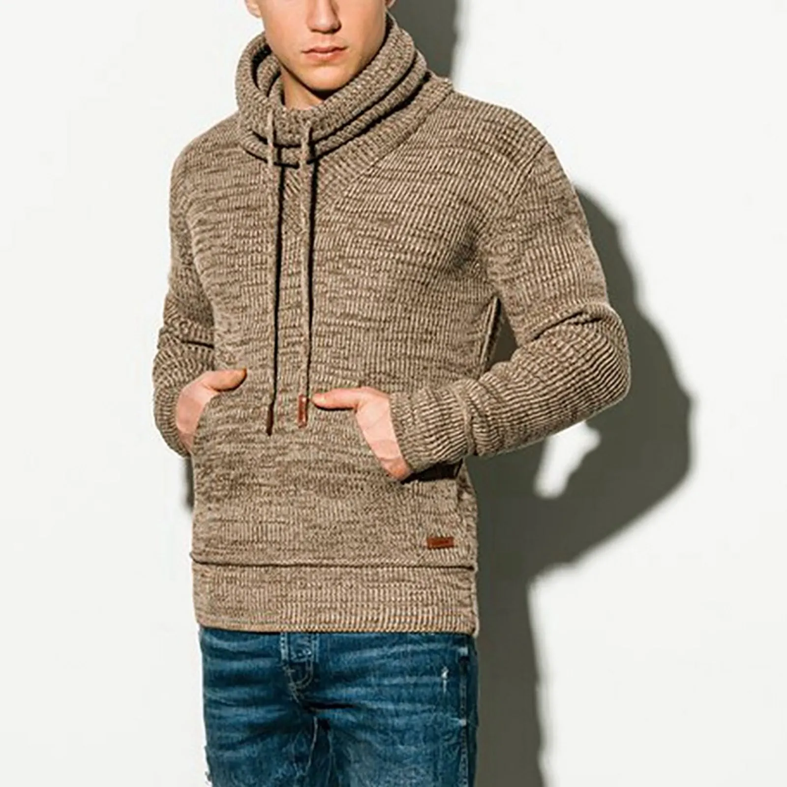 Men Hoodie Pullover Sweater Oversized Fall Winter Drawstring Stand Collar Knit Long Sleeve Casual Warm Pullover Sweater 2021 1