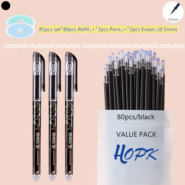 85Pcs/Set Blue Black Ink Gel Pen 0.5mm Erasable Refill Rod Erasable Pen Washable Handle School Writing Kawaii Stationery Gel Pen 0.5mm Black set C