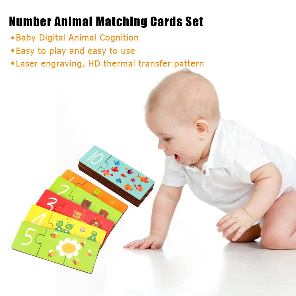  10pcs/Set Wooden Animal Number Matching Cards Kids Baby Learning Educational Montessori Toy Table G