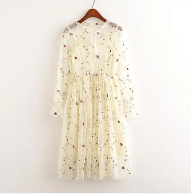 Женский костюм с цветочной вышивкой Сетчатое платье длинным рукавом и круглым