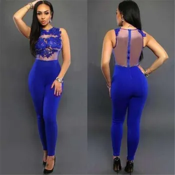 

Summer Women's Sexy Perspective Lace Flowers Stitching Jumpsuits Slim Package Hip Piece Trousers Streetwear Women Rompers Casual