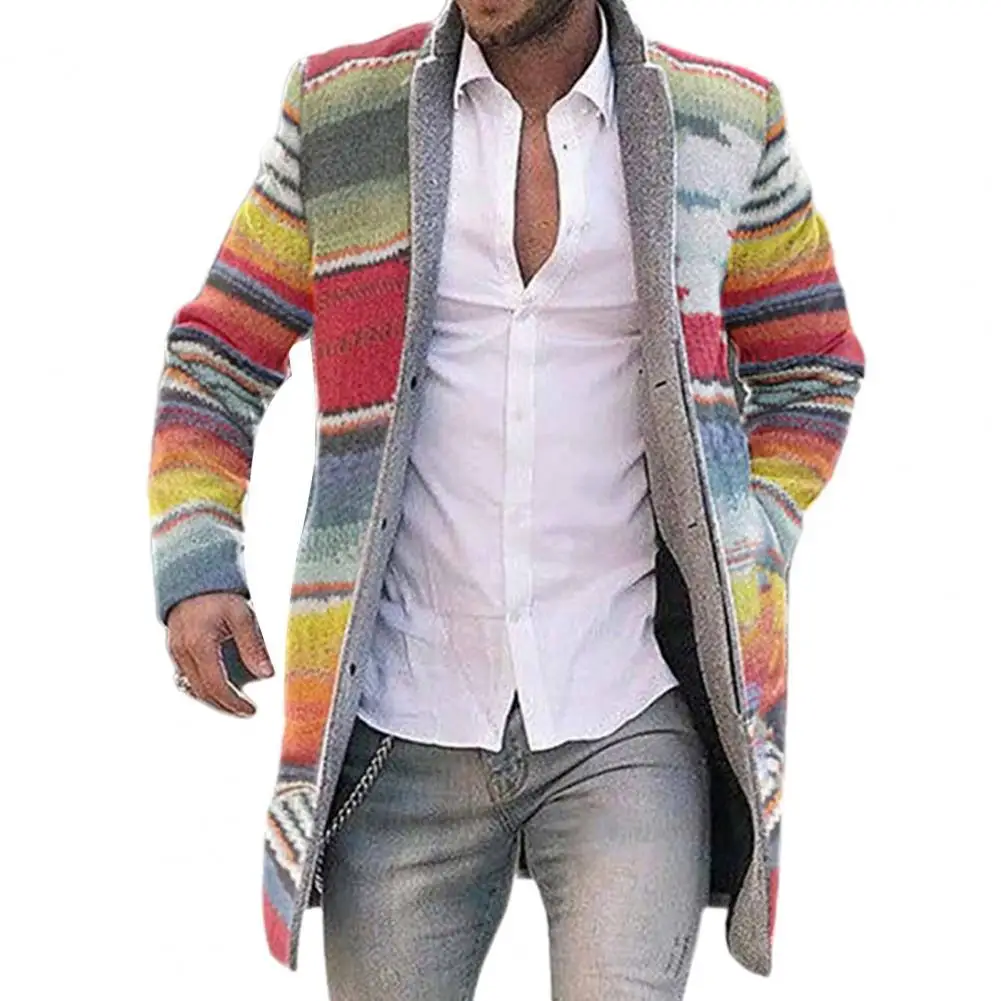 De los hombres de la moda Otoño Invierno rayas multicolor frente abierto de manga larga abrigo de los hombres casuales larga trinchera holgada abrigo