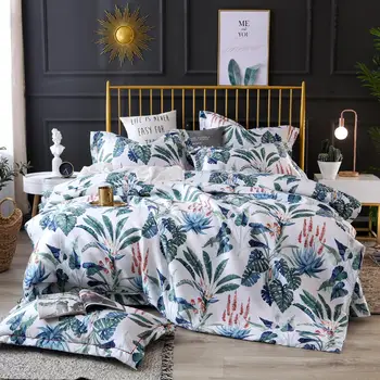 

4Pcs/set 60S 100% Silk King Queen Size Leaves Flowers Print pattern Bedding Set 1 Duvet Cover 1 Bed sheet 2Pillowcase
