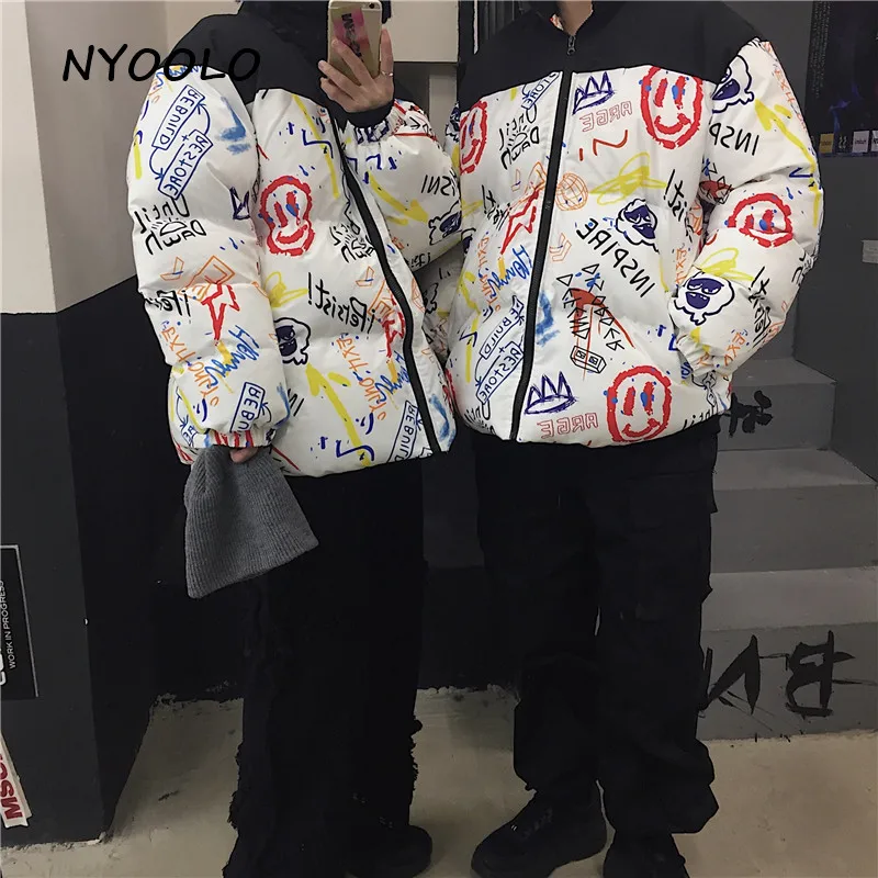 NYOOLO Harajuku уличная граффити дизайн лоскутное утолщаются теплые пальто осень зима Свободная куртка на молнии мягкий для женщин мужчин верхняя одежда