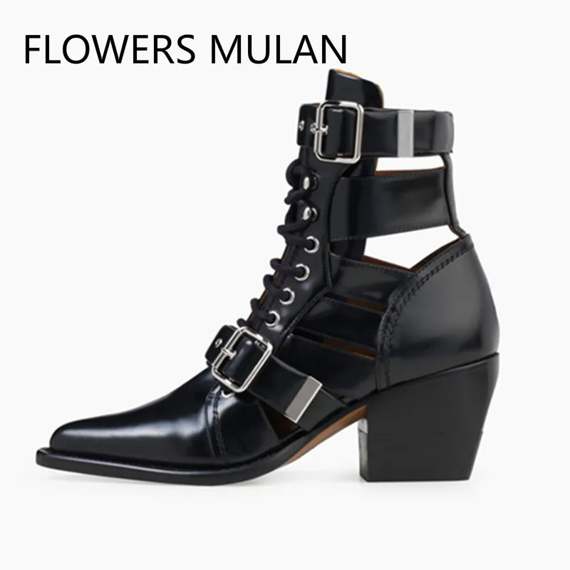 2019 г. Осенние ботильоны для женщин из натуральной кожи с ремешками вырезами