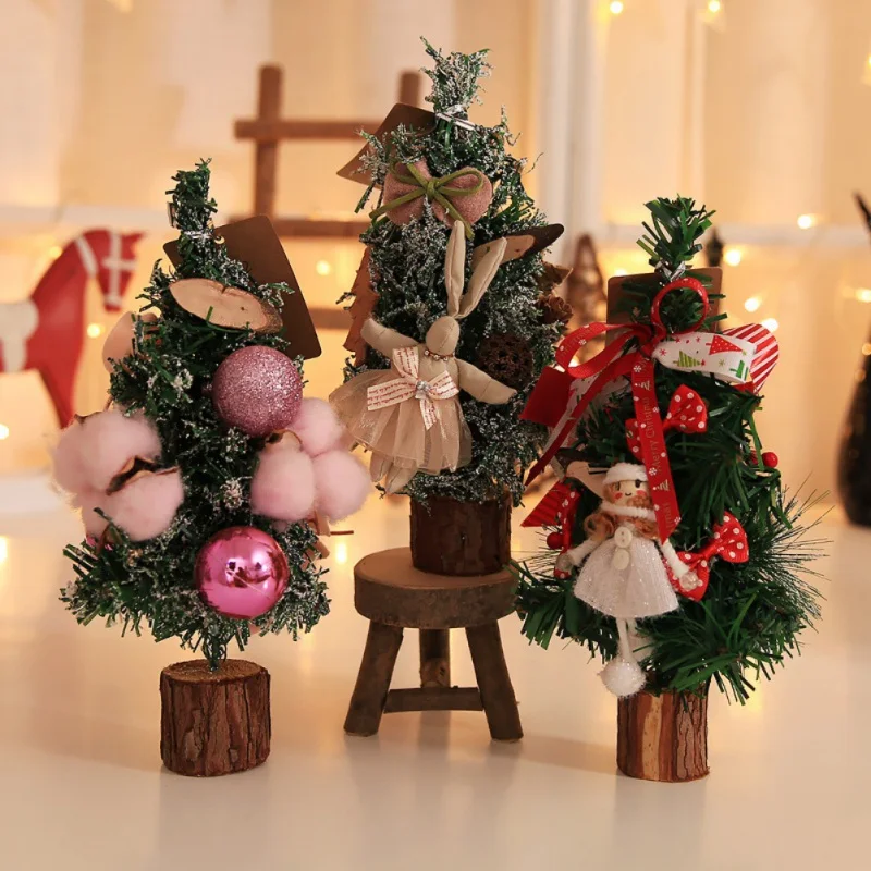 

Tabletop Artificial Christmas Tree With Wood Base Rabbit Bow-Knot Flower Decoration Christmas Tree Ornament For Home Office