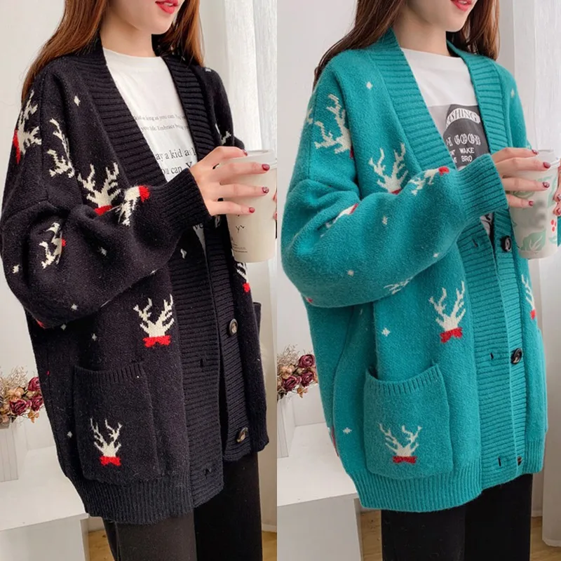 Red Christmas Knitted Sweater Woman Cardigan Oversize Korean Autumn Plus Size Xmas Jumper Pull Femme |