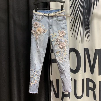 

Beaded Flower Jeans Women's 2020 Spring New High-Waist Jeans Girls Ladies Burrs Denim Pencil Pants Jeansy Damskie Nancylim