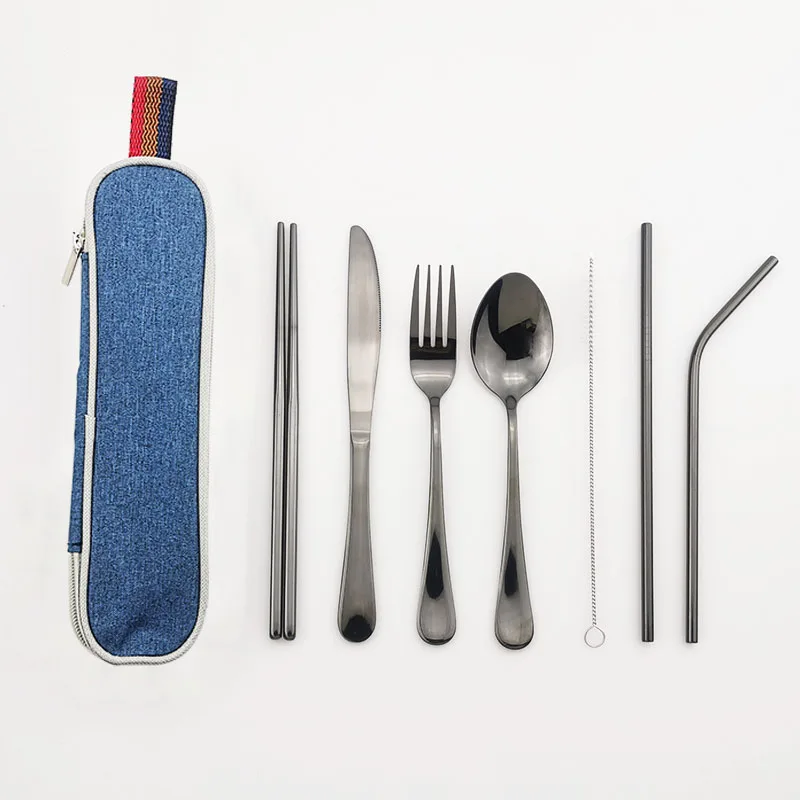 Набор посуды для путешествий, кемпинга, набор столовых приборов, многоразовая посуда из серебра, металлическая соломинка, ложка, вилка, палочки для еды и портативный чехол - Цвет: Black w blue case
