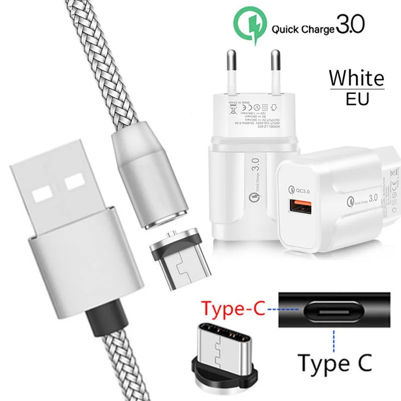 EU charger and cable Магнитный USB QC 3,0 быстрое зарядное устройство Honor 9X10 20 Pro type C Магнитный зарядный шнур для Nokia 7,1 samsung Galaxy A50 Note 9 Meizu 16s - Тип штекера: EU charger and cable