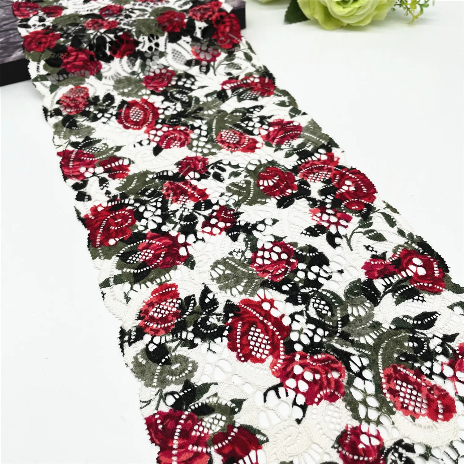 3y/Lot Width7 1/2 Inch (19)White Printed Floral Elastic Stretch Lace Trim 6