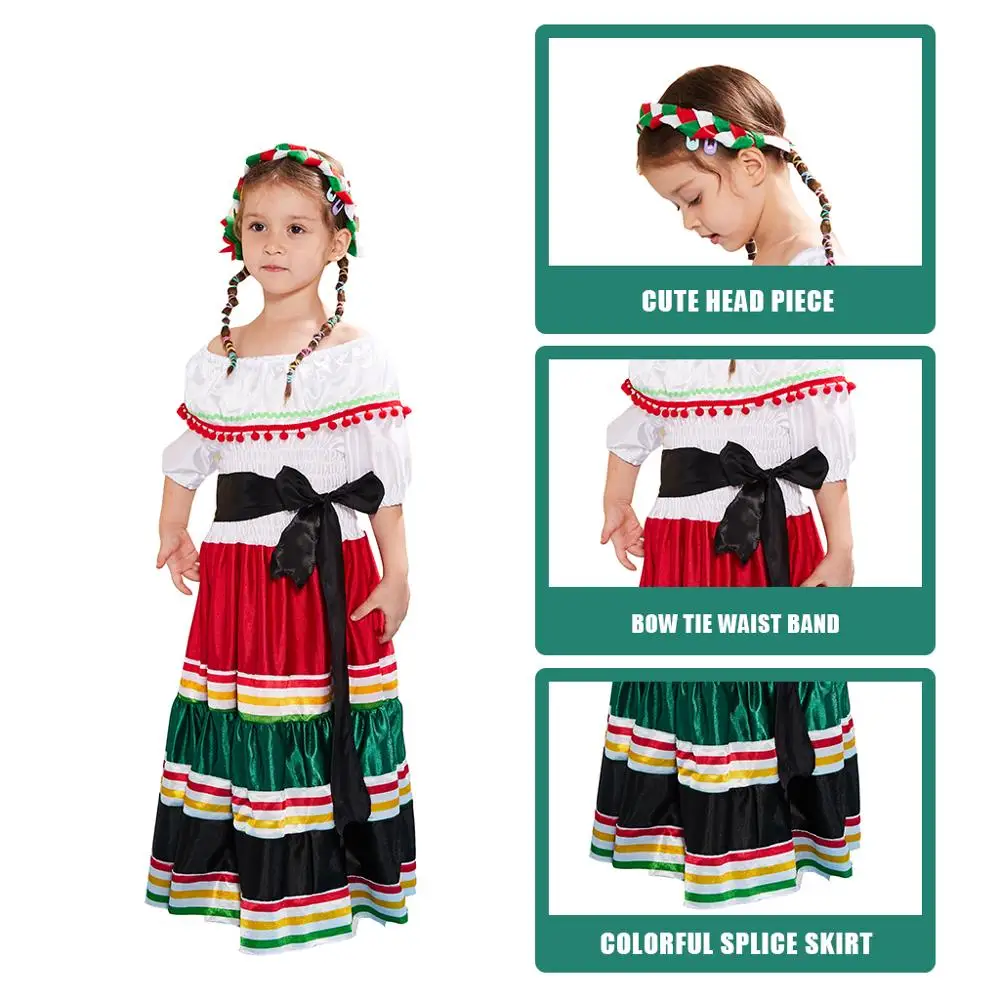 Мексиканское платье в стиле ретро для девочек; карнавальный костюм на Хэллоуин для детей; мексиканское традиционное платье для танцев Senorita; карнавальные вечерние платья для выступлений