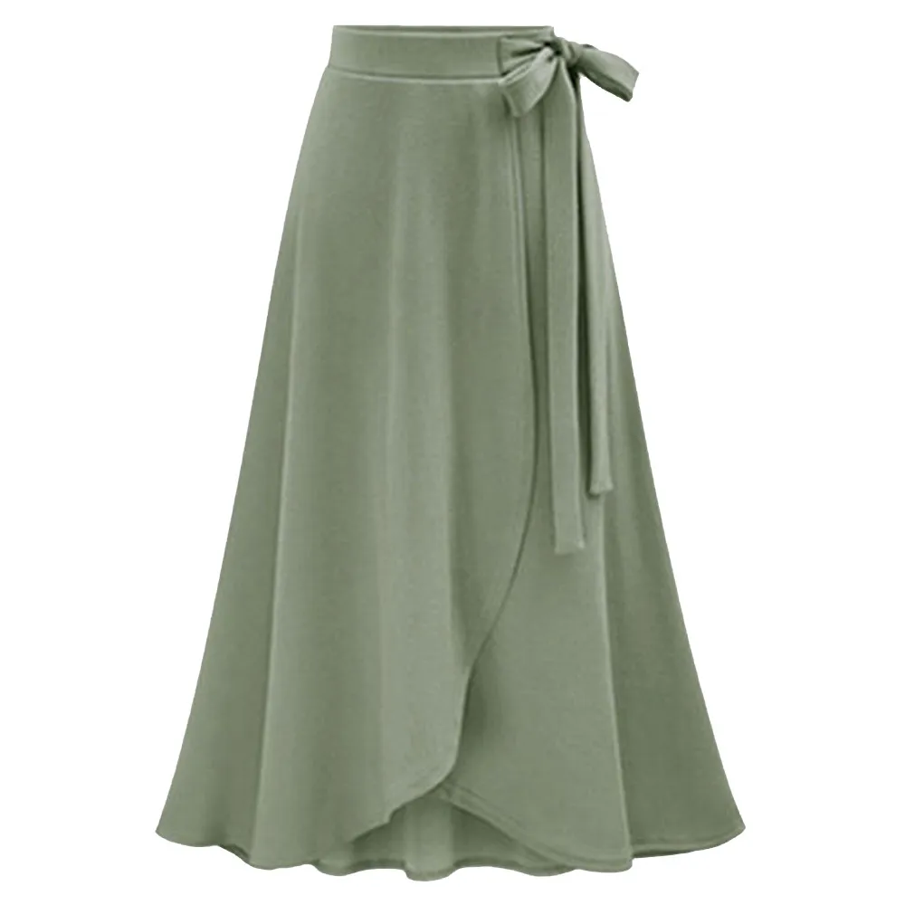 Летняя асимметричная юбка с высокой талией, Женская Однотонная юбка макси с бантом на поясе, Женская Повседневная Длинная юбка большого размера, M-6XL - Цвет: Зеленый