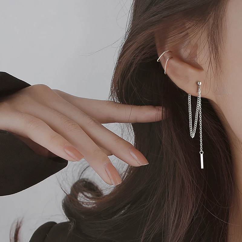 女性用ロングチェーンイヤリング シルバーカラージュエリー ドロップイヤリング Aliexpress