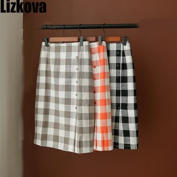 

2020 Spring Plaid Skirt Women High Waist Single-breasted Midi Skirt Summer Vintage Black Casual Skirt LM6707