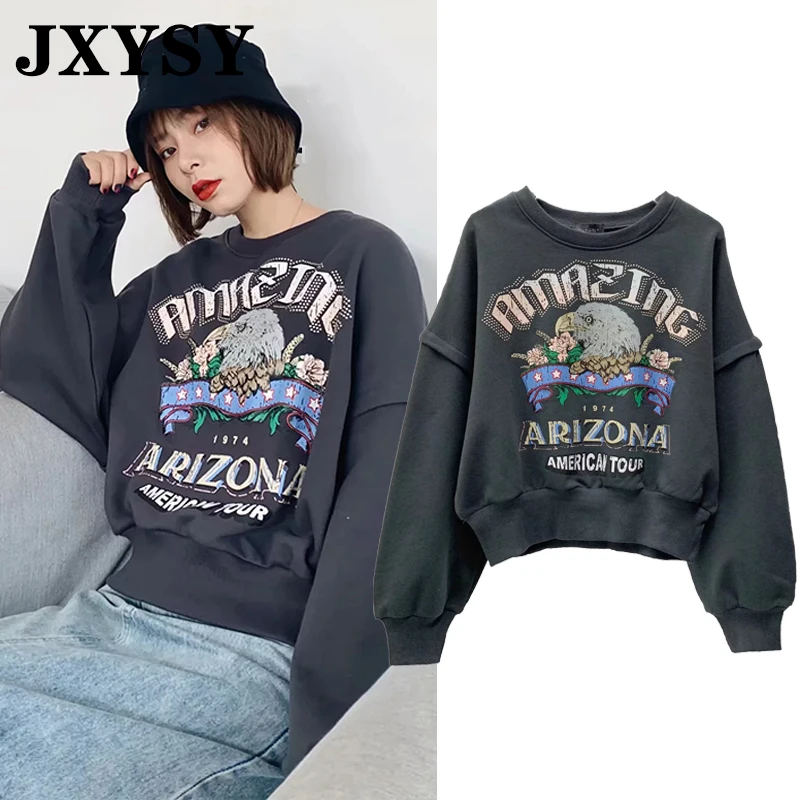 JXYSY Для женщин толстовки Harajuku Повседневное из мультфильма «Орел» печатающая головка с буквенным принтом худи с круглым вырезом Кофты Женский пуловер Топы