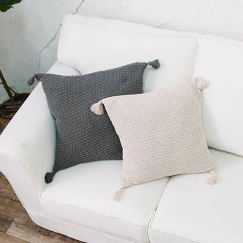 

Knitted Cushion Cover Vintage Grey Ivory Tassels Geometric Pillow Case 45cm*45cm Soft Home Decorative Pillow cover