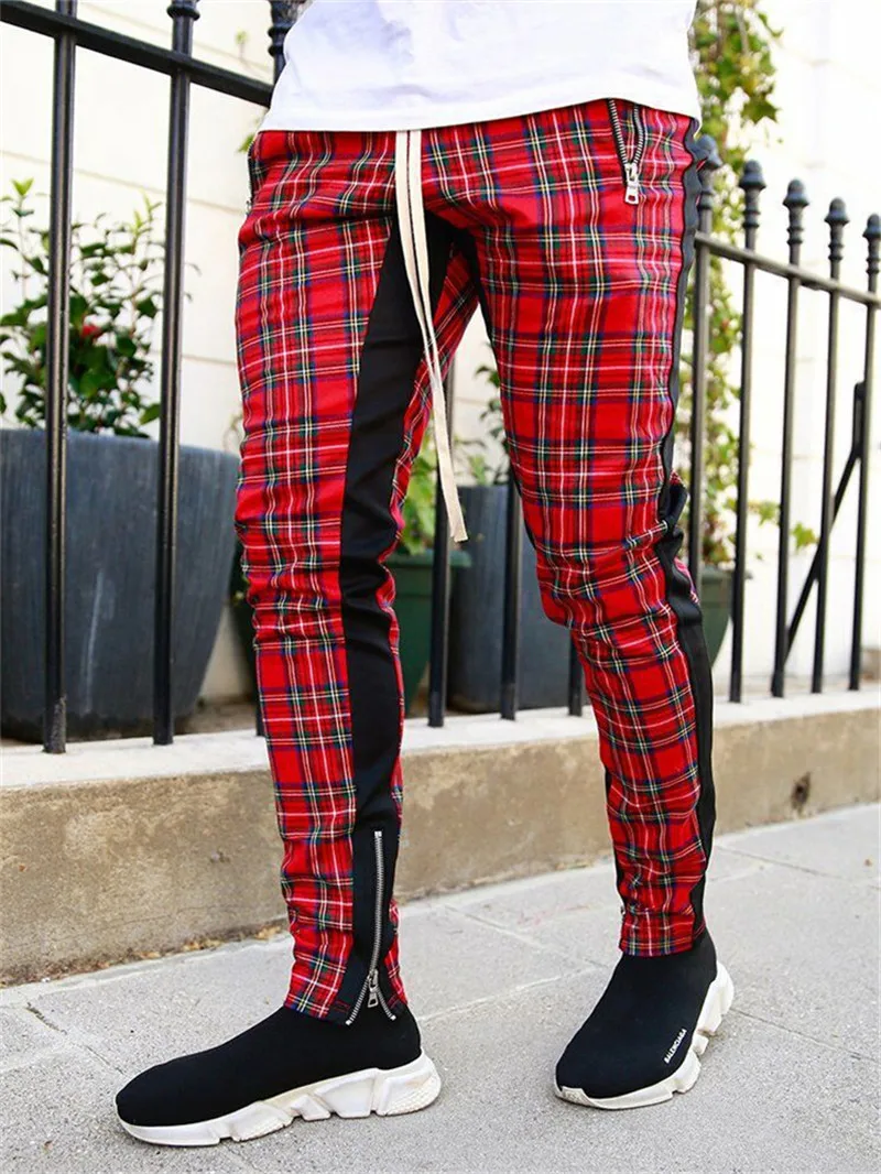 

2020High quality Men's Korean version Checked Fashion patchwork Color Matching small legs trouser slim Casual Sports pencil Pant