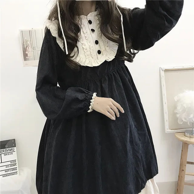 Japanese Style 2020 Autumn Women'S Dresses O-Neck High Waist Slimming Contrast-Color Ruffled Sweet Lolita Dress Kawaii Clothing 4