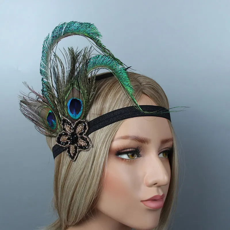 

Beaded Flapper Sequin Feather Headband Large Elegant Women Masquerade Performance Party Dinner Headpiece
