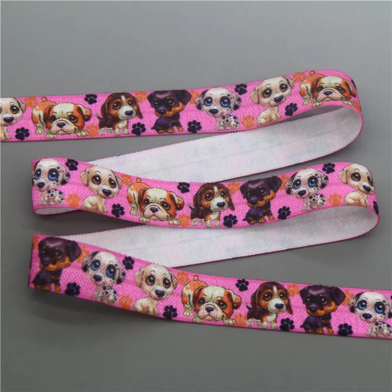 DHK 5/8'' 5yards dog printed Fold Elastic FOE stretch ribbon hairbow headwear headband DIY C1855