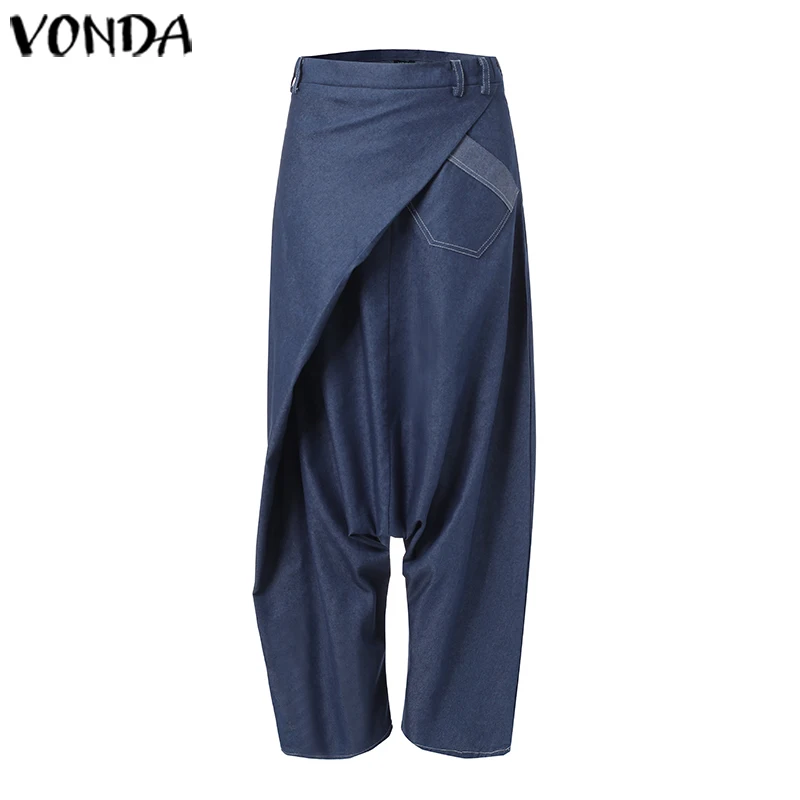 S-5XL, женские джинсовые штаны-шаровары, VONDA,, женские брюки размера плюс, женские повседневные Широкие штаны, богемная пляжная уличная одежда - Цвет: Темно-синий