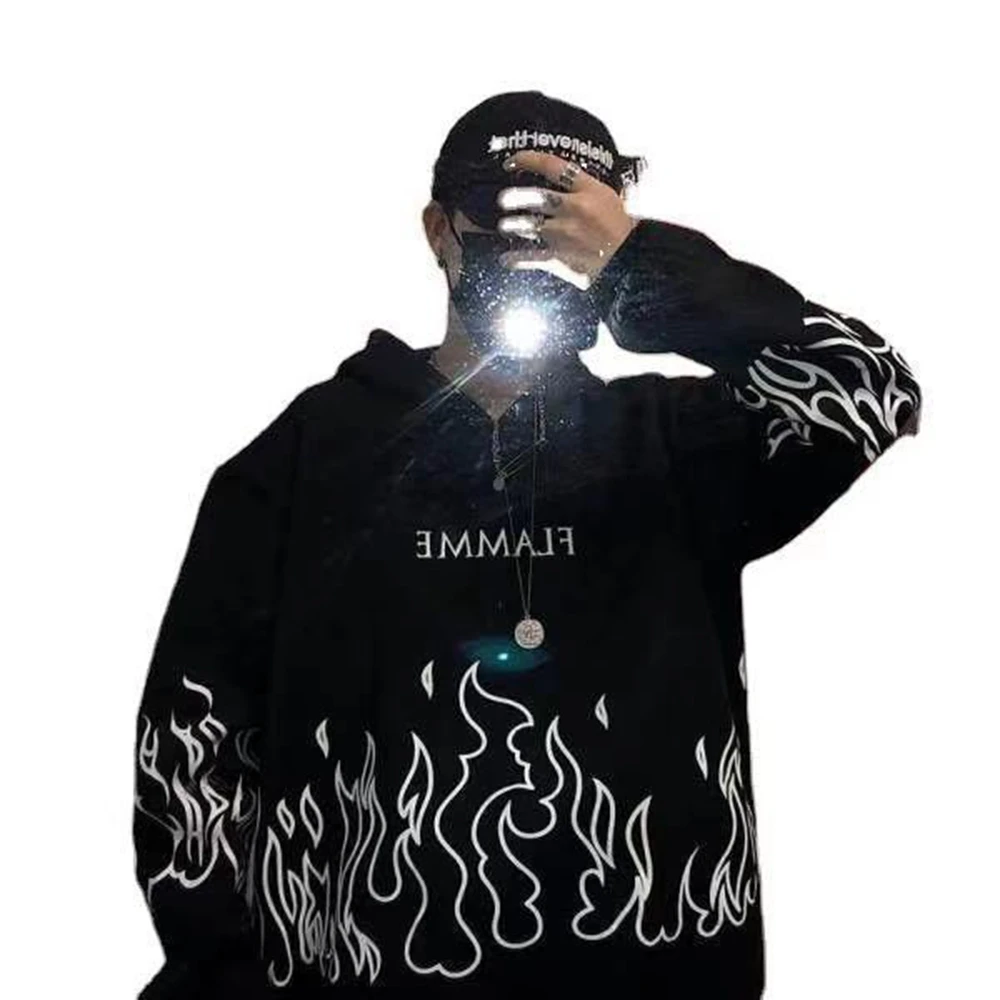 

Dark Kpop Printed Flamme Letter Casual Hoodie Winter Loose Plus Fleece Sweatshirt Oversize Harajuku Sports Outfit for Women Man