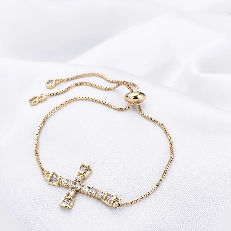Pipitree Copper Clear Cubic Zirconia Cross Charm Bracelet for Women Adjustable Chain Gold Color Bracelets Jewelry Pulsera mujer