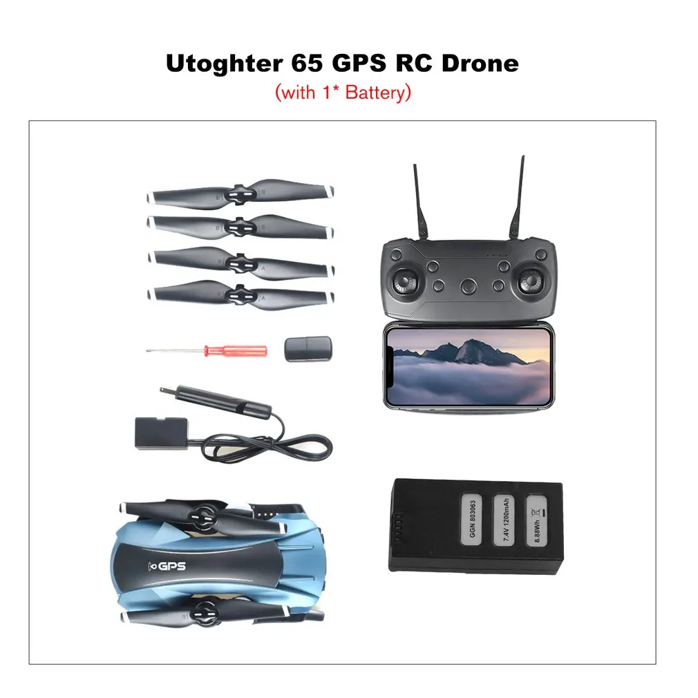 Utoghter 65 gps Радиоуправляемый Дрон wifi 1080P HD камера Пульт дистанционного управления летательный аппарат Дрон с 2000 мАч Lipo-battery - Цвет: Blue 1B