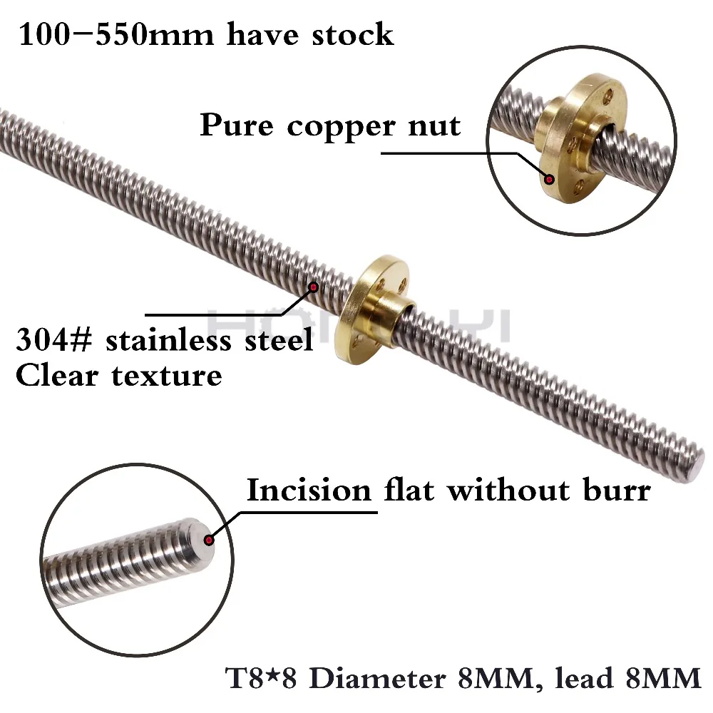 3D-принтеры трапециевидные стержень ходовой винт с резьбой 8 мм Length100mm200mm300mm400 T8 свинцово-2/4/8/12/14 мм с Латунная гайка
