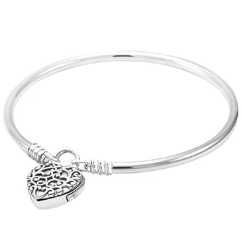 

Original Vinage Moments Regal Heart Padlock Clasp Smooth Bangle Bracelet Fit 925 Sterling Silver Bead Charm Diy Fine Jewelry