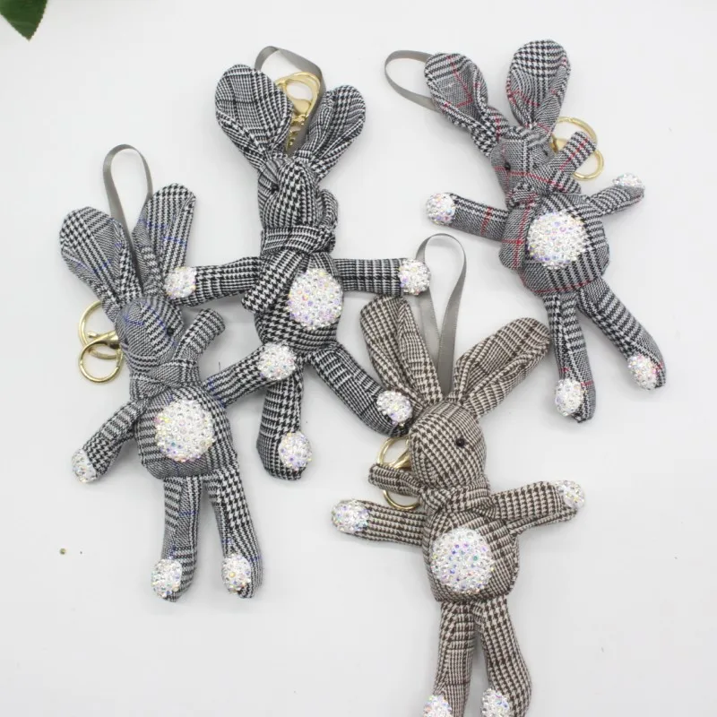 Cute Long Ear Diamond Bunny Rabbit Dolls Fashion Cartoon Plaid Keychain Toys Key Bag Pendant Dolls 5pcslot  (6)