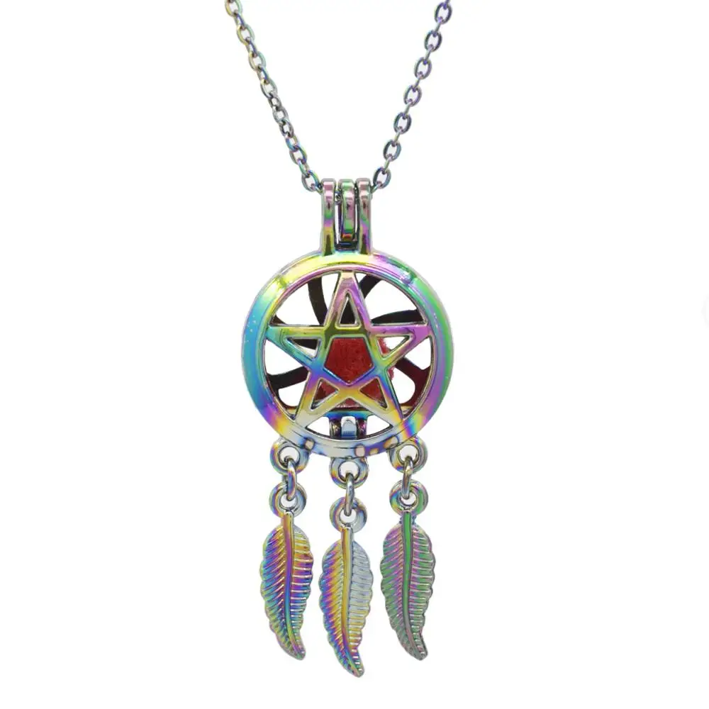

REYOW 1pcs Colorful Pentagram Dream Catcher Oyster Pearl Bead Cage Pendant Essential Oil Diffuser Locket Jewelry Making Necklace