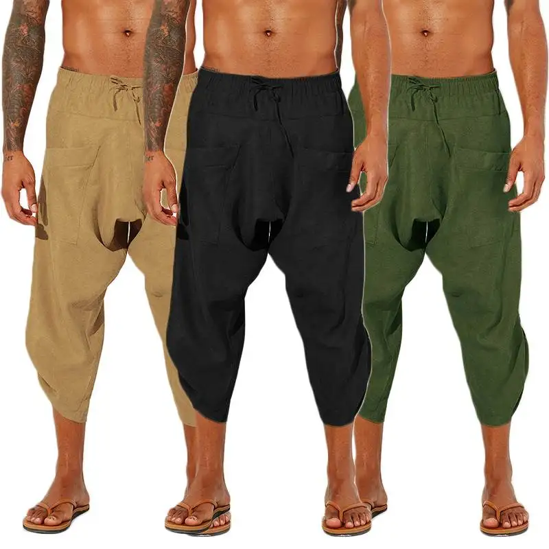 

INCERUN Men Casual Pants Cotton Linen Solid Loose Jogger Retro Elastic Waist Trousers Men Drop Crotch Harem Pants Streetwear 5XL