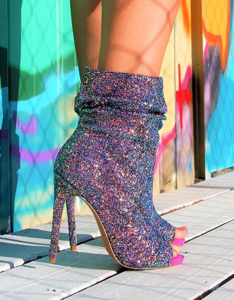 Блестящие ботильоны с открытым носком на высоком каблуке-шпильке без застежки; плиссированные ботильоны; однотонная Осенняя женская обувь с блестками; уличная подиумная обувь; большие размеры - Цвет: grey
