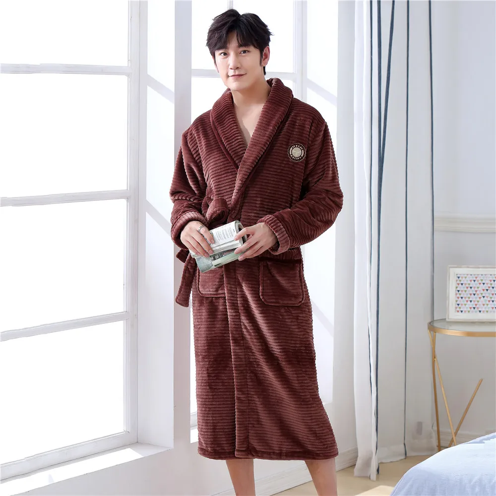 

Winter Men Home Clothing Large Size 3xl Kimono Warm Pajamas Nightdress Sleepwear Coral Fleece Nightwear Bathrobe Gown Negligee